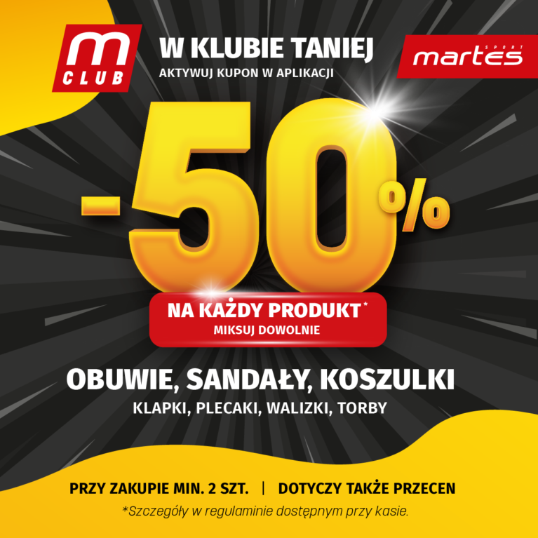 -50% na produkty: obuwie, sandały, koszulki, klapki, plecaki, walizki i torby!